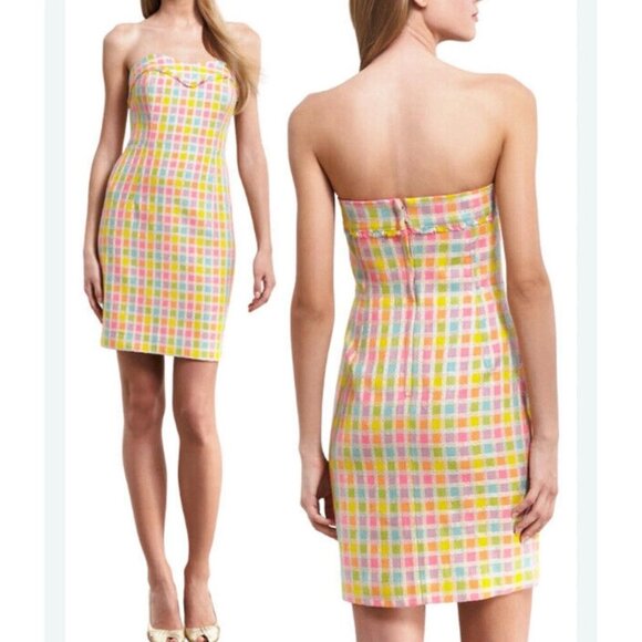 Lilly Pulitzer Boucle Fringe Bibi Strapless Check Plaid Dress Size 4 - Picture 2 of 11